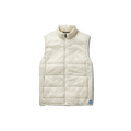 Introducing the Aether Eco Insulated Vest, a stylish cream-colored quilted vest designed with a high collar and zipper front, crafted from sustainable materials. It features a small round logo patch on the lower left side, merging fashion with eco-friendly values.