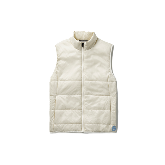 Introducing the Aether Eco Insulated Vest, a stylish cream-colored quilted vest designed with a high collar and zipper front, crafted from sustainable materials. It features a small round logo patch on the lower left side, merging fashion with eco-friendly values.