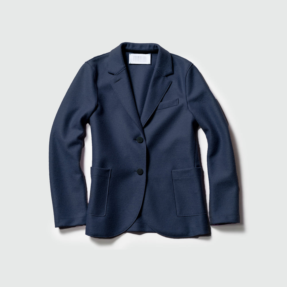 A navy W Stand Up Collar Blazer by Harris Wharf, made of light wool and featuring two buttons and stylish patch pockets, displayed on a plain light background.