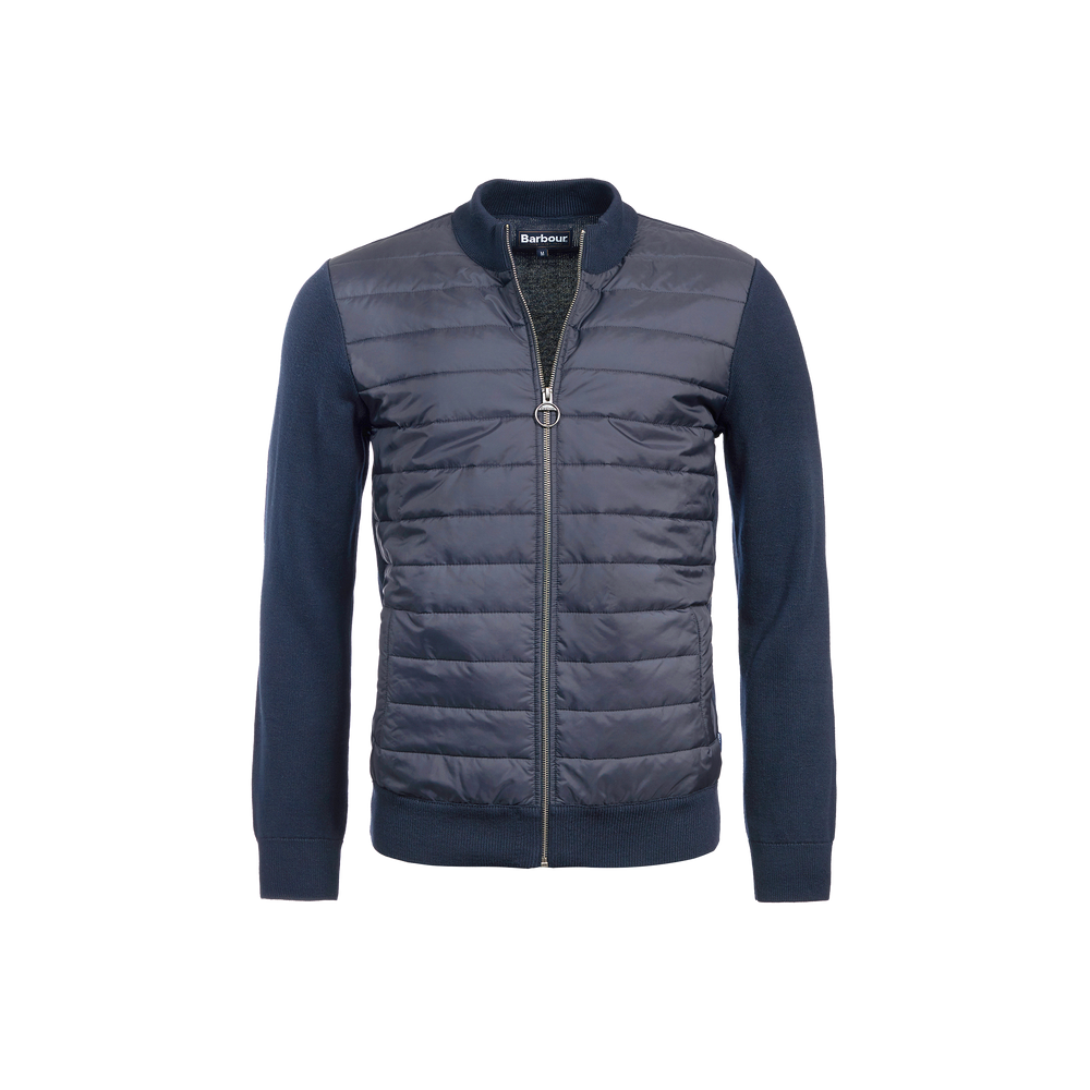 The Essential Carn Baffle Zip Through Jumper by Barbour is a navy blue quilted jacket featuring a front zip closure and ribbed cuffs and collar. The design includes a quilted front panel with horizontally stitched padding, complemented by solid navy fabric on the sleeves and back for a modern look.