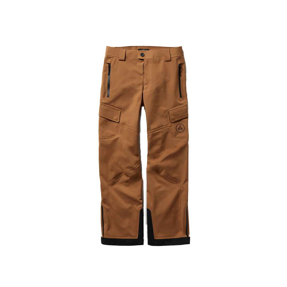 Aether's Explorer Snow Pant, made from Japanese field nylon in brown, showcases multiple pockets and a logo on the knee, displayed against a plain background.