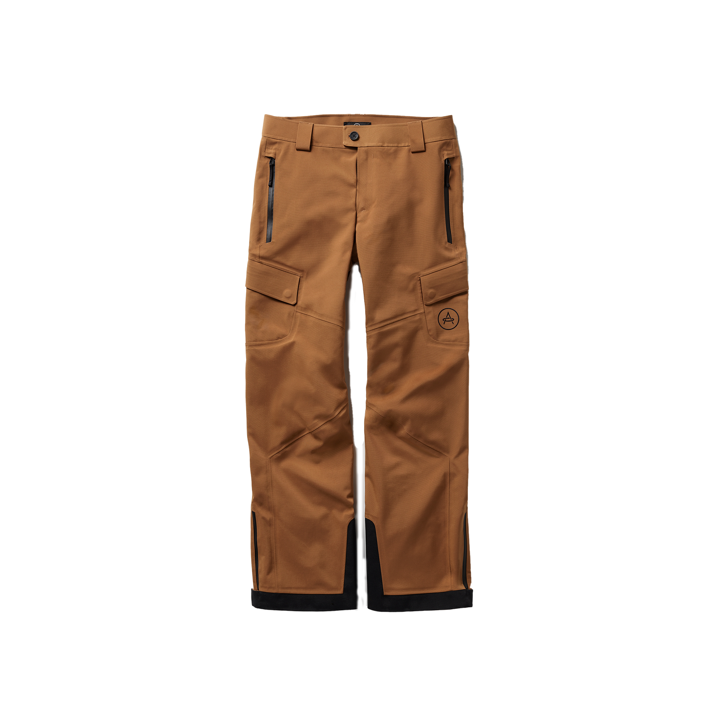 Aether's Explorer Snow Pant, made from Japanese field nylon in brown, showcases multiple pockets and a logo on the knee, displayed against a plain background.