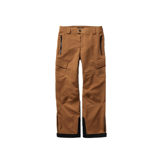 Aether's Explorer Snow Pant, made from Japanese field nylon in brown, showcases multiple pockets and a logo on the knee, displayed against a plain background.