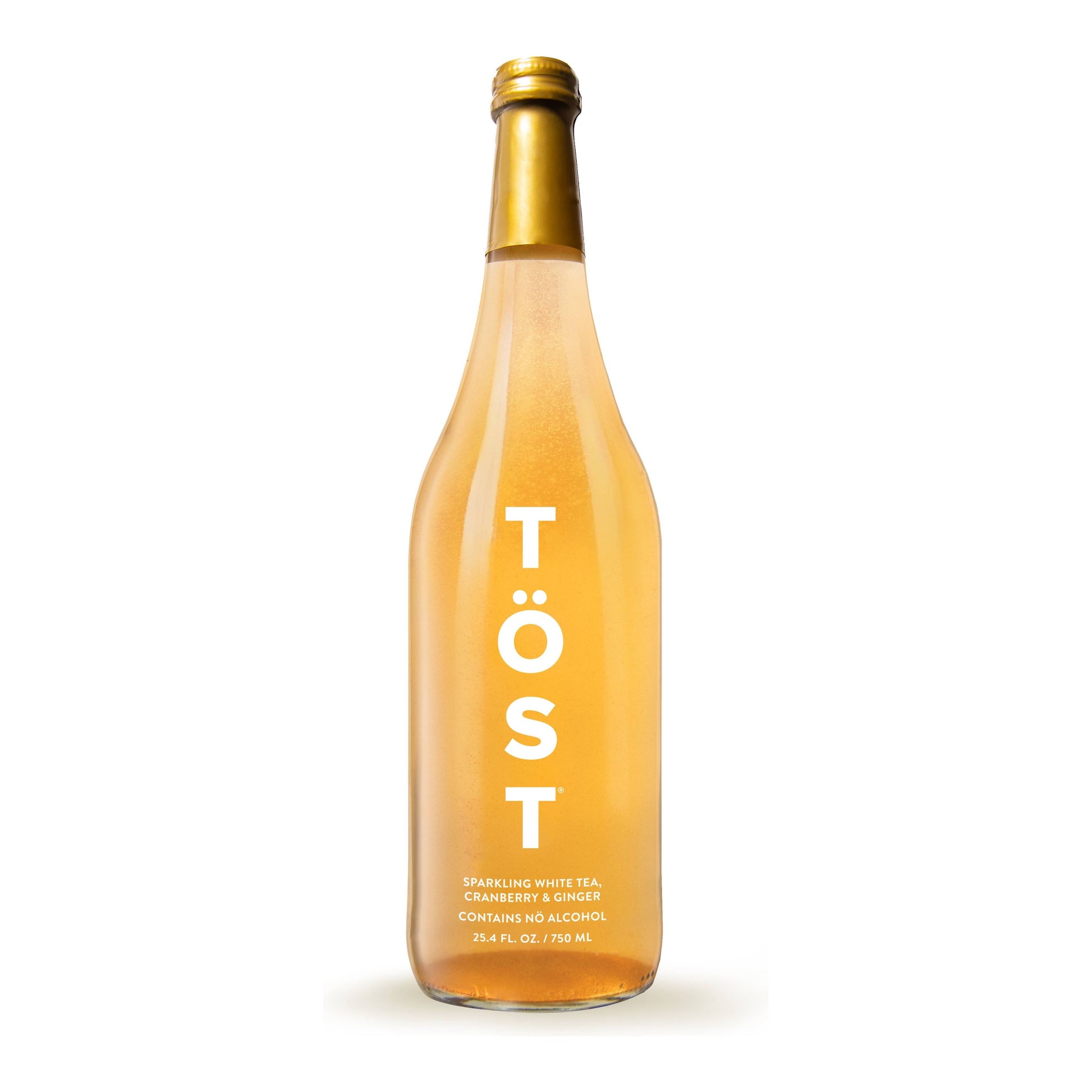 A bottle of TÖST a Non Alcoholic Refresher, a non-alcoholic sparkling white tea beverage containing white cranberry, standing upright against a white background.