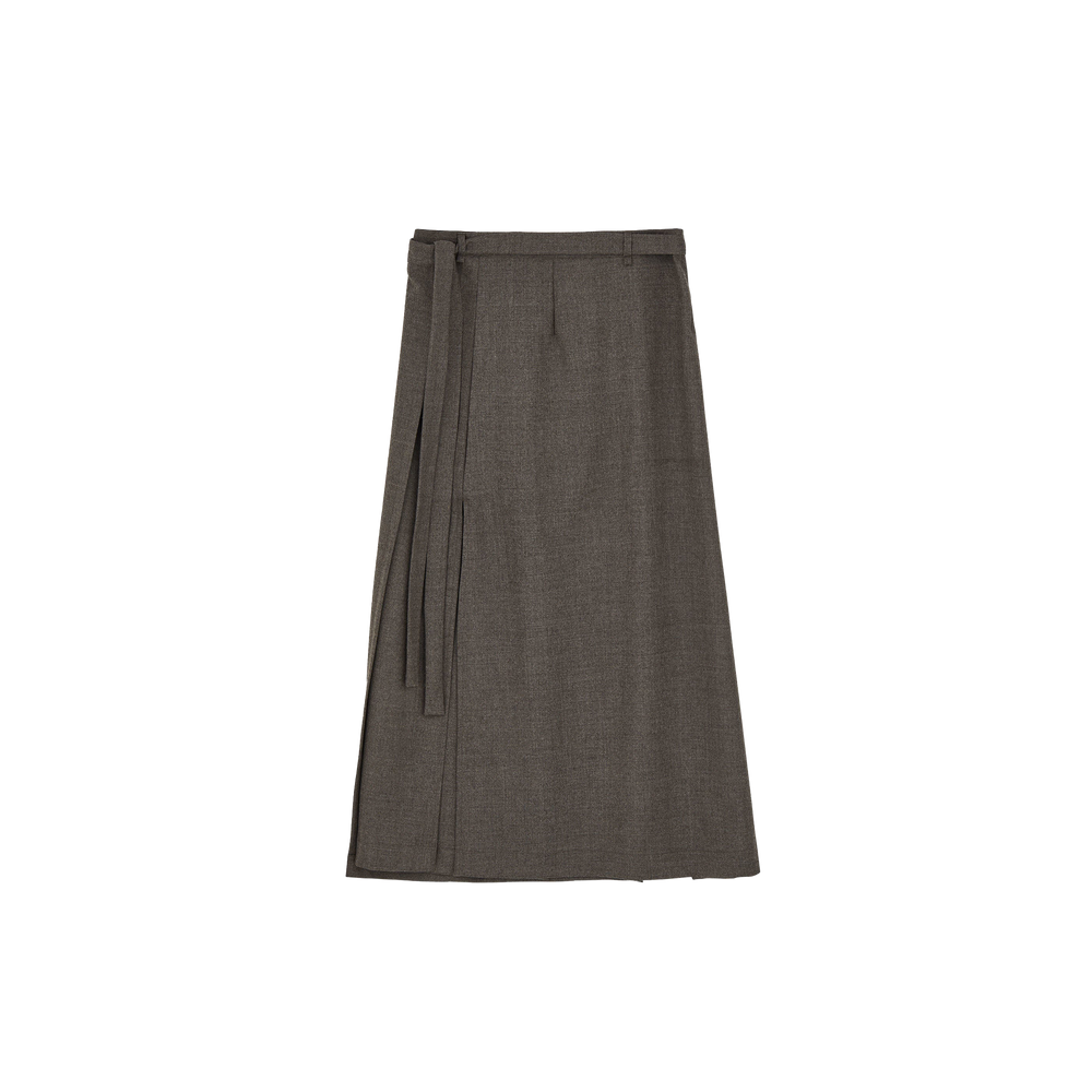 The Aiayu Fine Wool Wrap Skirt features a high-waist design in gray wool, highlighted by a chic tie belt, set against a plain white background.