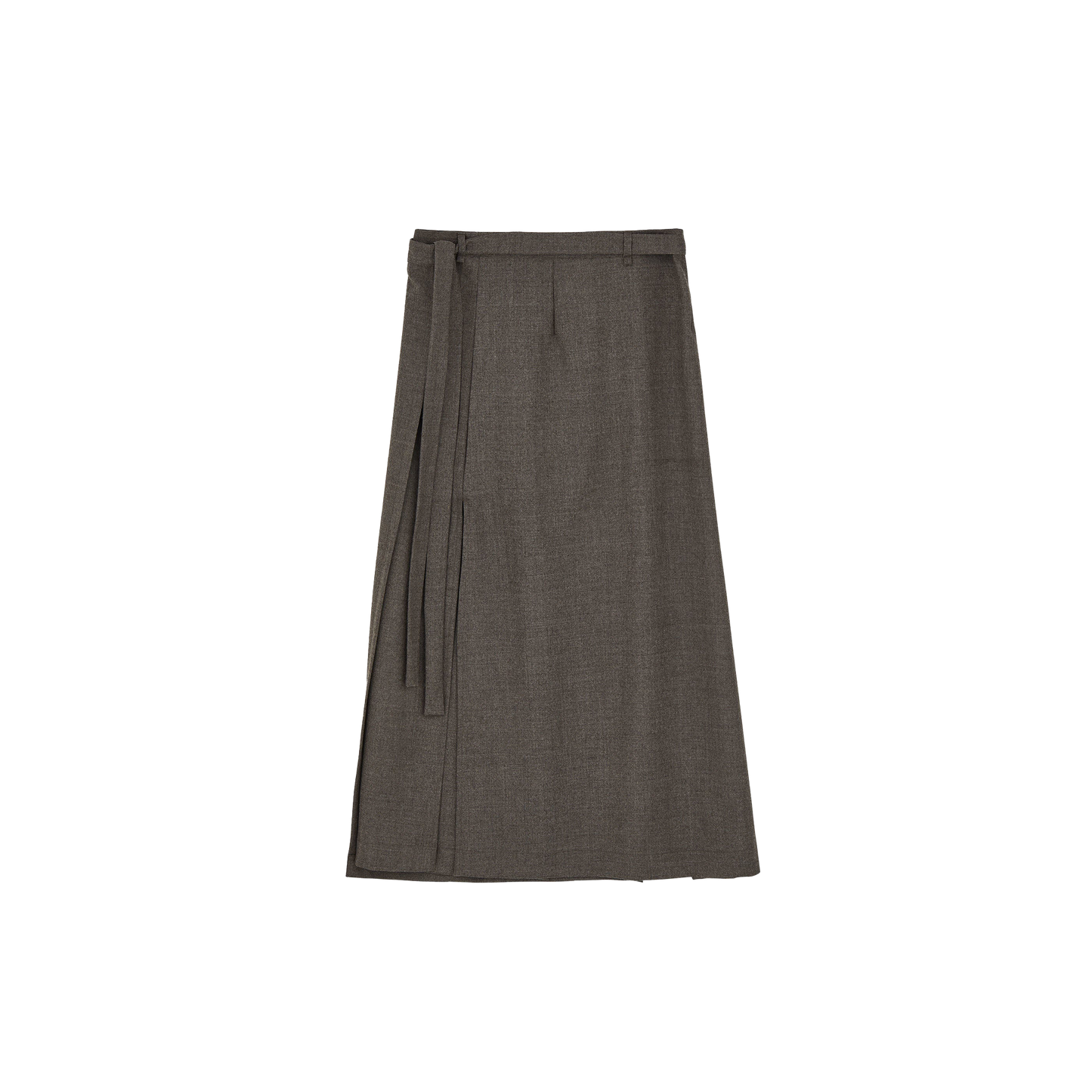 The Aiayu Fine Wool Wrap Skirt features a high-waist design in gray wool, highlighted by a chic tie belt, set against a plain white background.