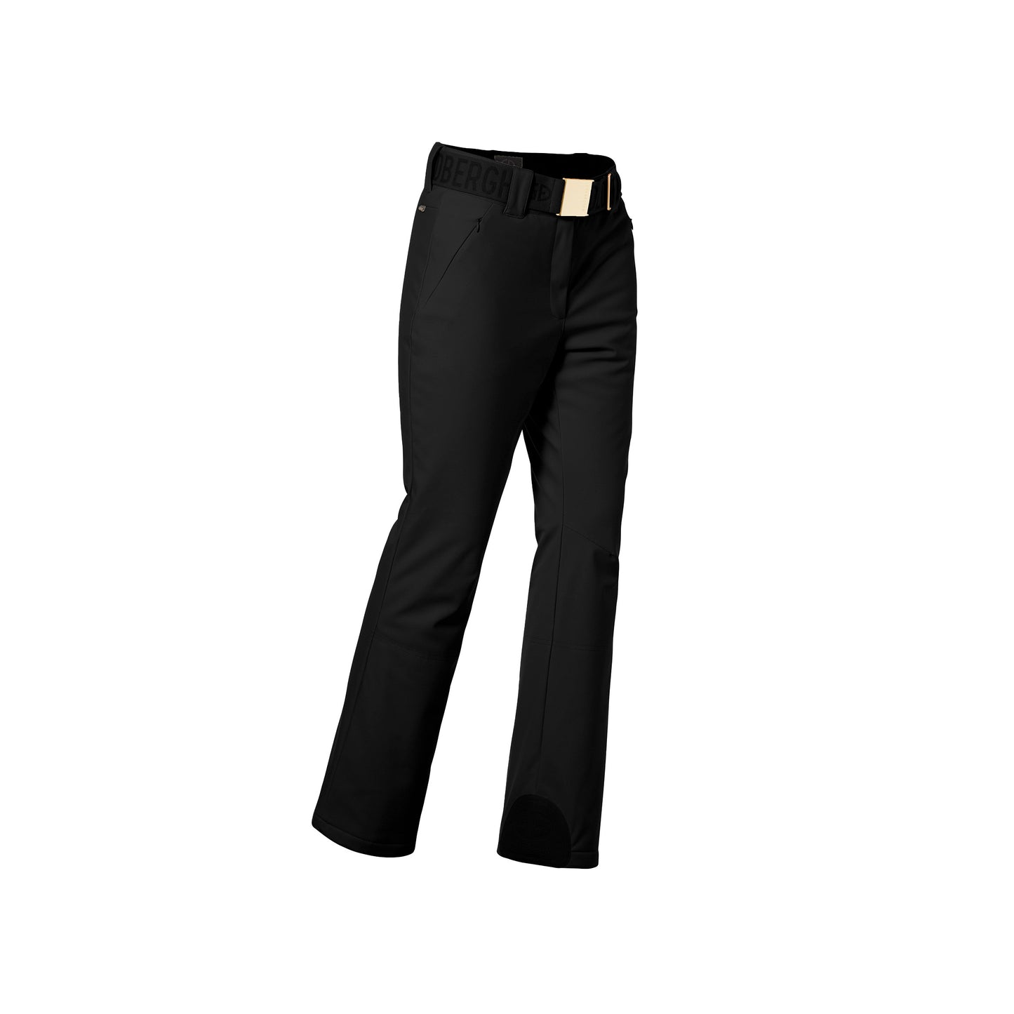 Flair Ski Pants in black by Goldbergh, featuring a belt, side pockets, and reinforced knee sections, shown from a side angle against a white background.