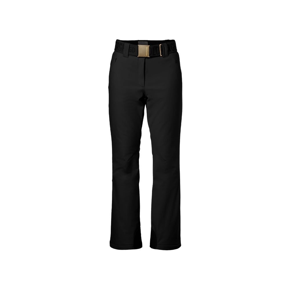 Flair Ski Pants in Black by Goldbergh, featuring a built-in adjustable belt buckle, front view.