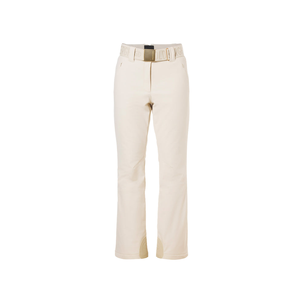 Champagne Flair Ski Pants from Goldbergh featuring a beige, straight-leg design with a black waistband buckle and decorative stitching.