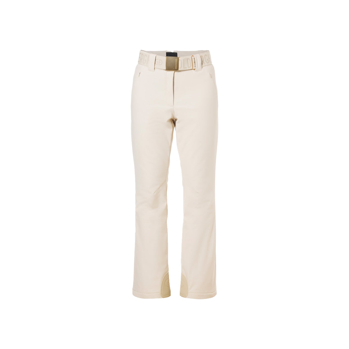 Champagne Flair Ski Pants from Goldbergh featuring a beige, straight-leg design with a black waistband buckle and decorative stitching.