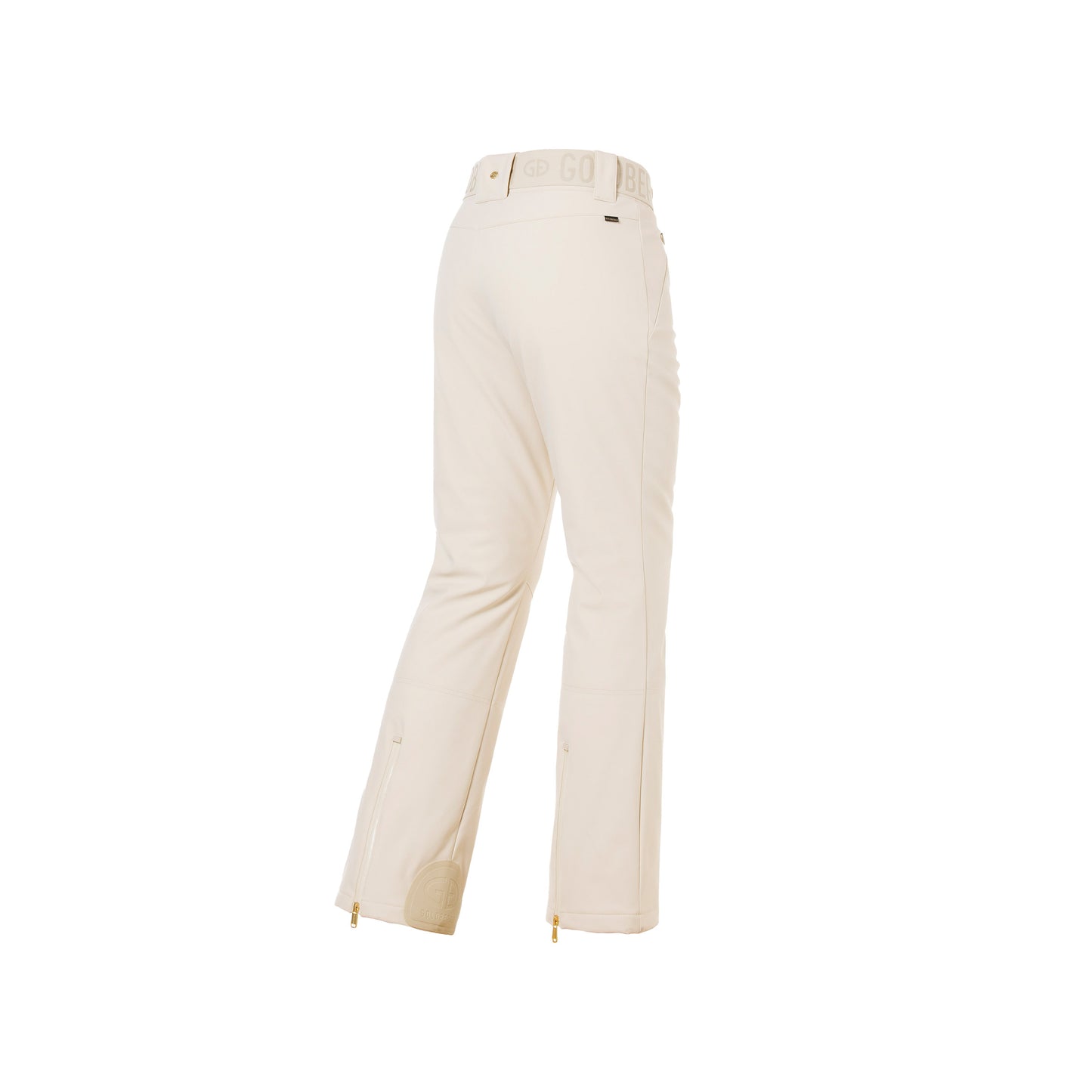 Rear perspective of the Flair Ski Pants in Champagne by Goldbergh, featuring a wide waistband and ankle zippers.