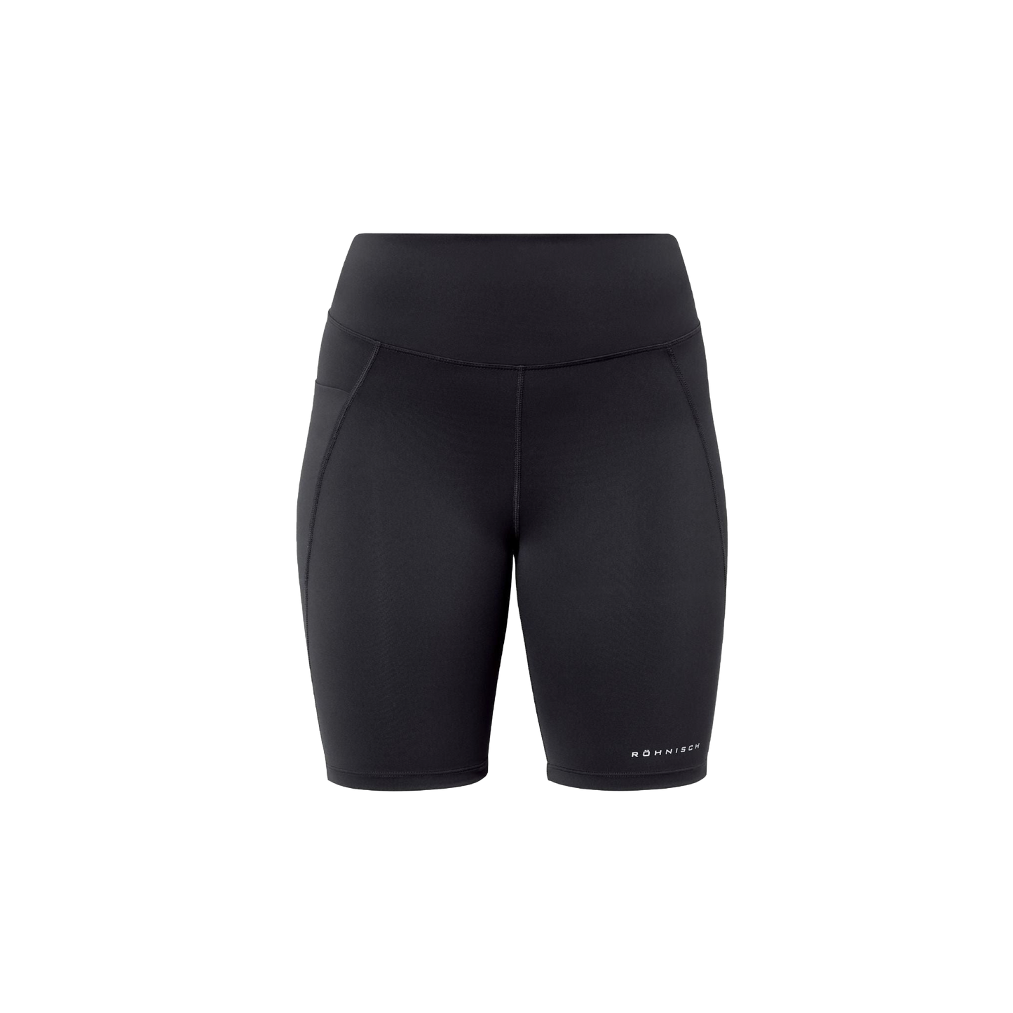 Rohnisch's Flattering High Waist Bike Tights are black cycling shorts made from recycled polyester, offering a smooth finish with subtle seam details and a small logo on the hem.