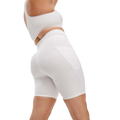 In a black backdrop, someone confidently models the Rohnisch Flattering High Waist Bike Tights paired with a white sports bra. Made from recycled polyester, these shorts seamlessly blend sustainability and style.