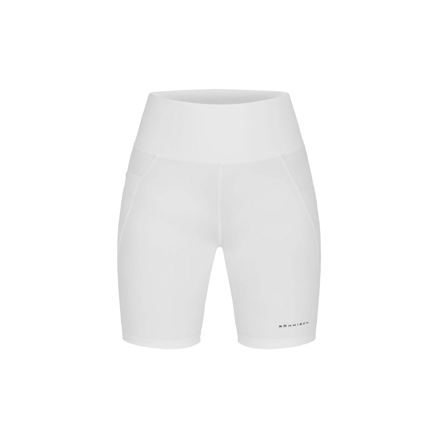 The Rohnisch Flattering High Waist Bike Tights, made from recycled polyester in white, feature side pockets and a fitted design against a black background.