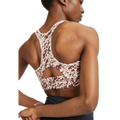 Clad in the Flattering Sports Bra by Rohnisch, which features a stylish pattern and racerback design, the person turns away to proudly showcase their toned back muscles and confidently crossed arms.