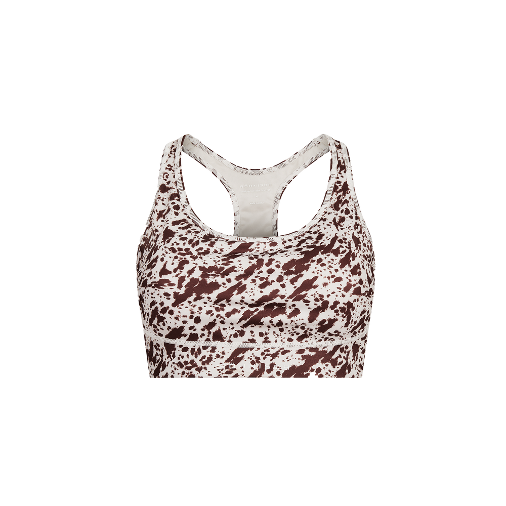 The Flattering Sports Bra by Rohnisch, featuring a moisture-wicking, racerback design with a brown and white speckled pattern, is displayed against a transparent background.