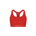 Flattering Sports Bra in red with a sleek racerback design and a black and white patterned interior. Crafted from moisture-wicking fabric for maximum comfort, it prominently displays the Rohnisch brand name on the band.