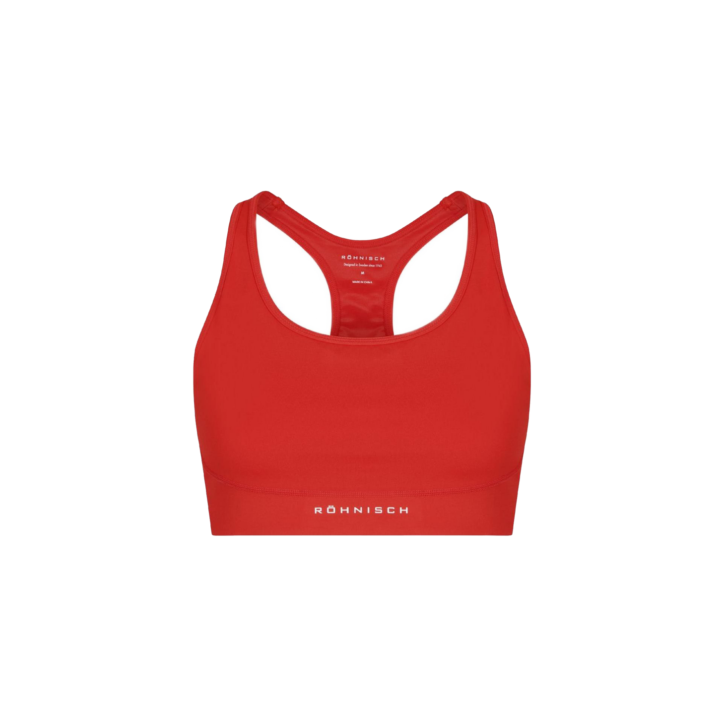 Flattering Sports Bra in red with a sleek racerback design and a black and white patterned interior. Crafted from moisture-wicking fabric for maximum comfort, it prominently displays the Rohnisch brand name on the band.