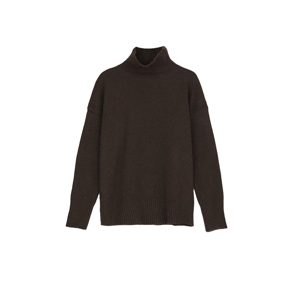 The Freya High Neck Sweater by Aiayu features a luxurious dark brown color, crafted from pure yak wool and designed with long sleeves, displayed against a plain white background.