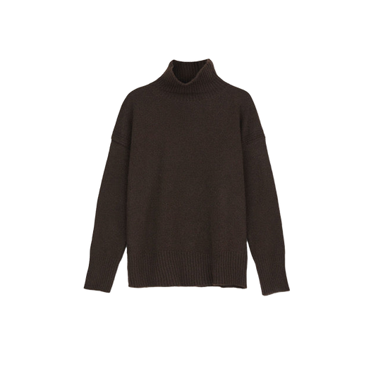 The Freya High Neck Sweater by Aiayu features a luxurious dark brown color, crafted from pure yak wool and designed with long sleeves, displayed against a plain white background.