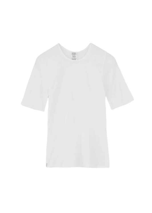 The Gentle SS T-Shirt by Aiayu, crafted from a premium blend of organic cotton, is a plain white short-sleeve t-shirt with a round neck, displayed against a white background.