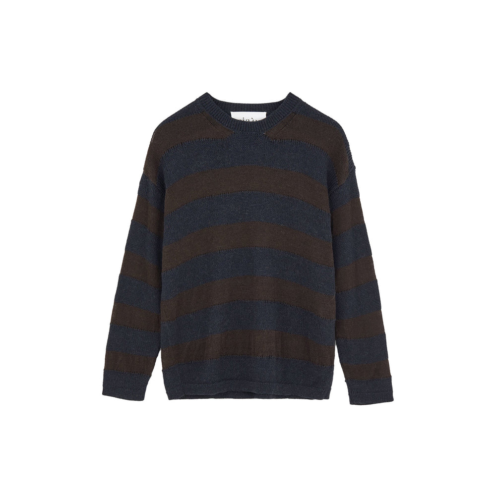 The Haldis Wool Sweater by Aiayu is a brown and dark gray striped piece made from llama wool, featuring long sleeves and a round neckline.