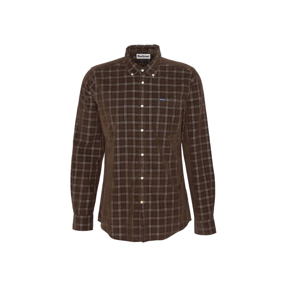 The Barbour Harthill Tailored Long Sleeved Cord Shirt is a brown plaid shirt with premium micro cord, white buttons, and a classic collar, displayed against a white background.