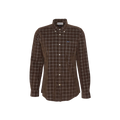 The Barbour Harthill Tailored Long Sleeved Cord Shirt is a brown plaid shirt with premium micro cord, white buttons, and a classic collar, displayed against a white background.