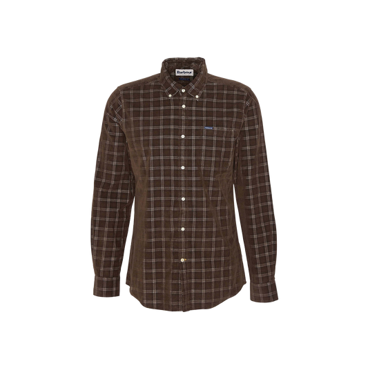 The Barbour Harthill Tailored Long Sleeved Cord Shirt is a brown plaid shirt with premium micro cord, white buttons, and a classic collar, displayed against a white background.