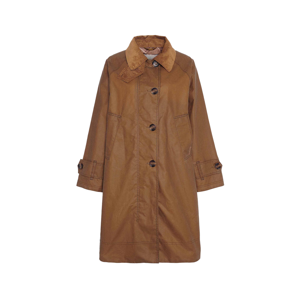 A Barbour Hartwick Waxed Car Coat features a pointed collar, large buttons, buttoned straps on the cuffs, and brown long sleeves—perfect for seasonal layering.