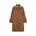 A Barbour Hartwick Waxed Car Coat features a pointed collar, large buttons, buttoned straps on the cuffs, and brown long sleeves—perfect for seasonal layering.