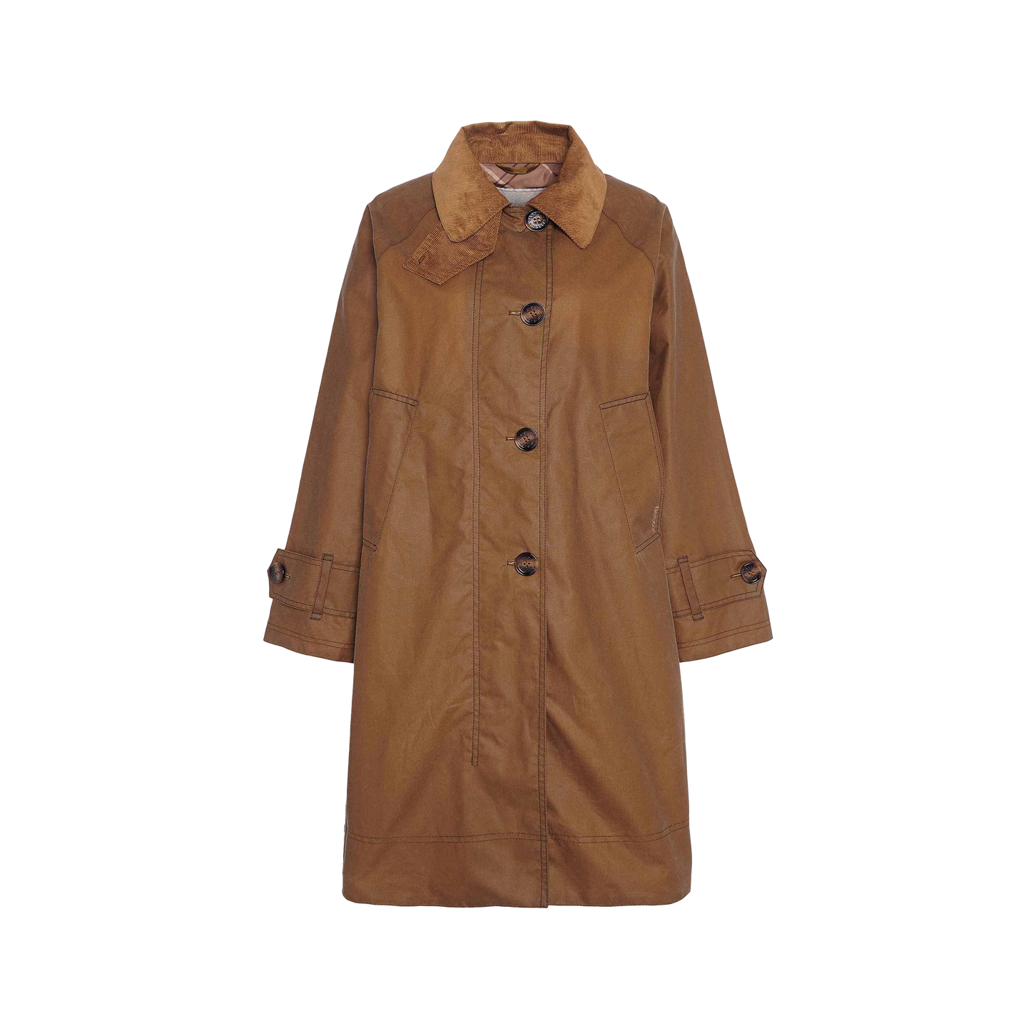 A Barbour Hartwick Waxed Car Coat features a pointed collar, large buttons, buttoned straps on the cuffs, and brown long sleeves—perfect for seasonal layering.