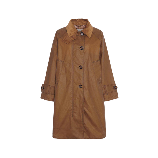 A Barbour Hartwick Waxed Car Coat features a pointed collar, large buttons, buttoned straps on the cuffs, and brown long sleeves—perfect for seasonal layering.