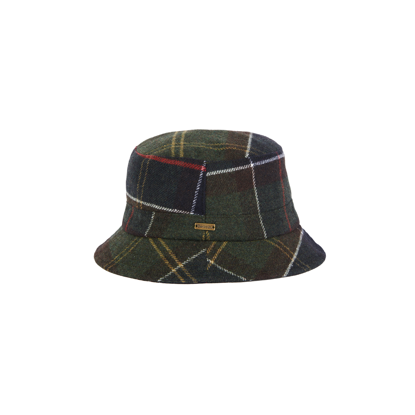 The Heidi Tartan Sports Hat by Barbour is a green, black, and red tartan plaid bucket hat with a small brand label on the front, embodying the classic Barbour heritage style.