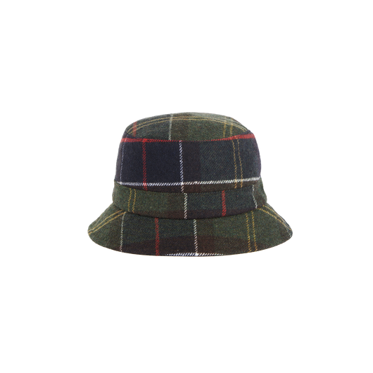 The Heidi Tartan Sports Hat from Barbour features a green plaid design with intersecting red, white, and blue lines on a white background.