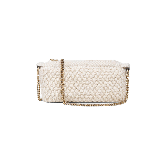 The Helen Chain Purse by Aiayu is a textured white handbag featuring a bubble knit design and a gold chain strap, elegantly displayed on a plain black background.