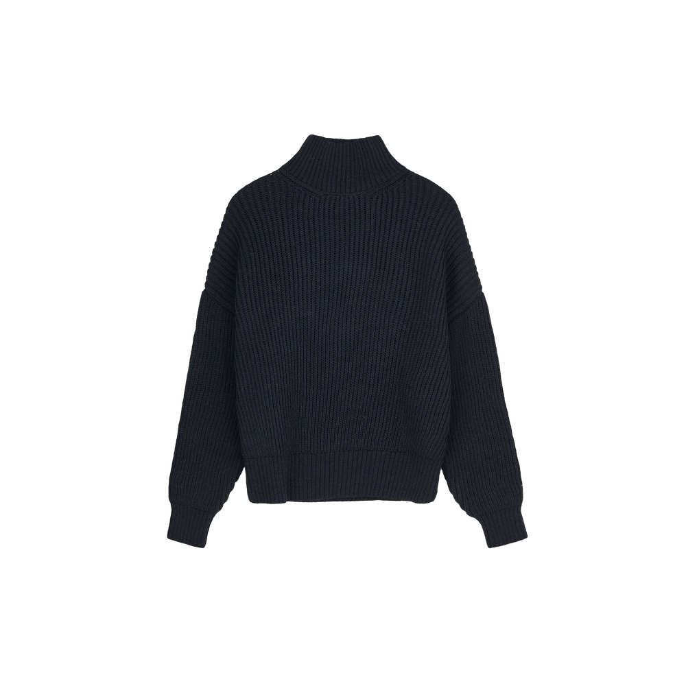 The image shows the back view of the Hera High Neck Sweater, a dark blue, ribbed turtleneck made from Sartuul wool by Aiayu, displayed on a white background to highlight its elegant details.