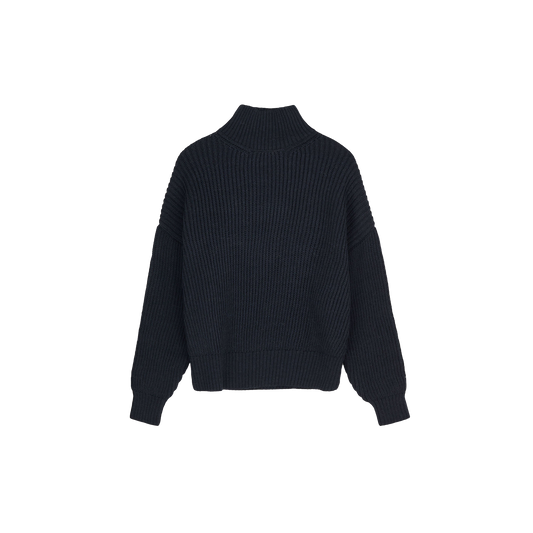 The image shows the back view of the Hera High Neck Sweater, a dark blue, ribbed turtleneck made from Sartuul wool by Aiayu, displayed on a white background to highlight its elegant details.