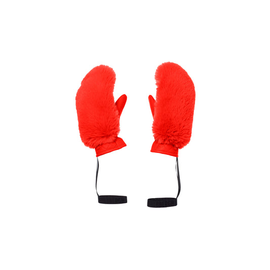 Goldbergh Hill Mittens in orange, featuring a bright hue and fuzzy texture, connected by black straps.