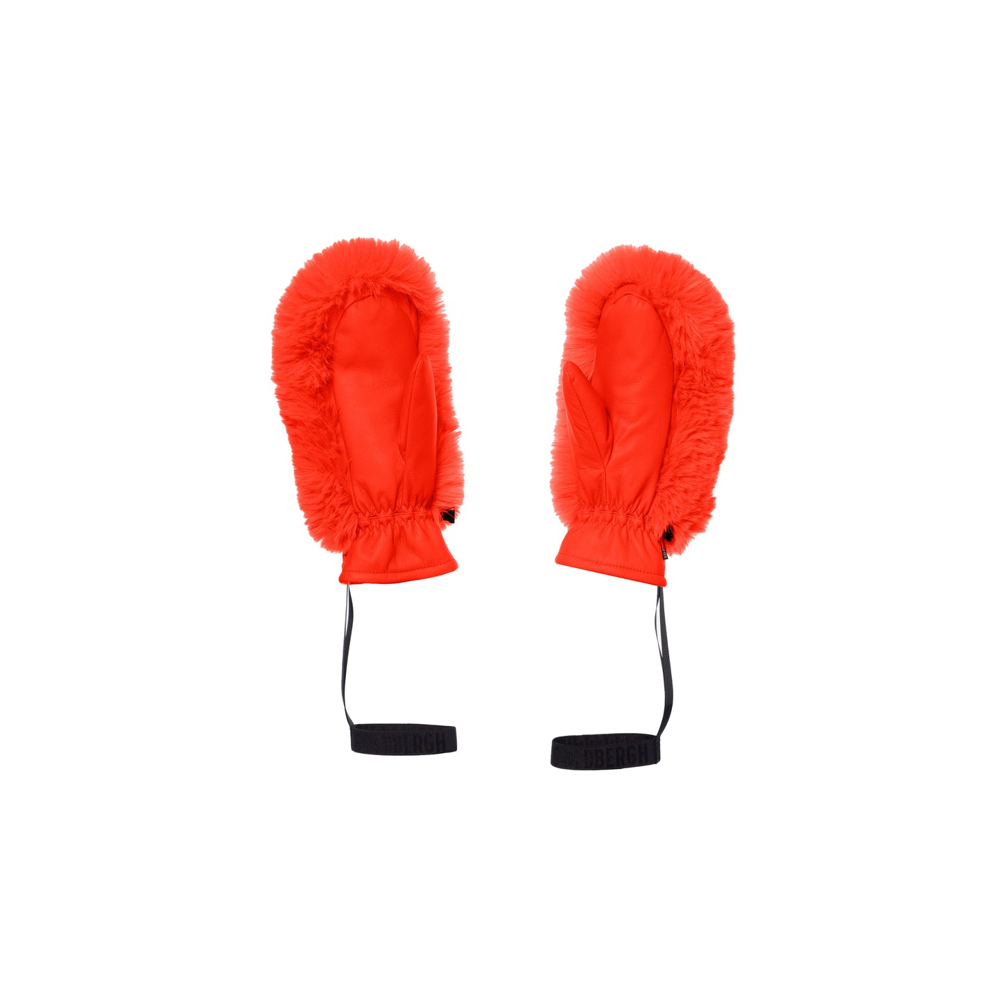 Vibrant orange mittens known as the Hill Mittens by Goldbergh, featuring fuzzy trim and black wrist straps.