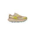 The W Stinson ATR 6, DOTN by Hoka combines style and function with its beige color, yellow accents, blue sole treads, and side logo for versatile comfort and aggressive performance.