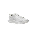 The Hoka U Huaka Origins in white offers comfort enthusiasts a cushioned ride with its lace-up design, subtle patterns, and textured sole.