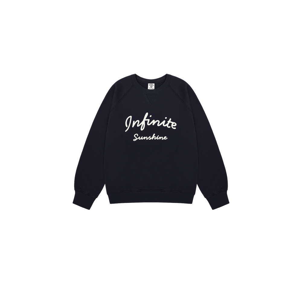 Kappy's Infinite Sunshine Sweatshirt is a unisex black crewneck with "Infinite Sunshine" embroidered in white on the front.