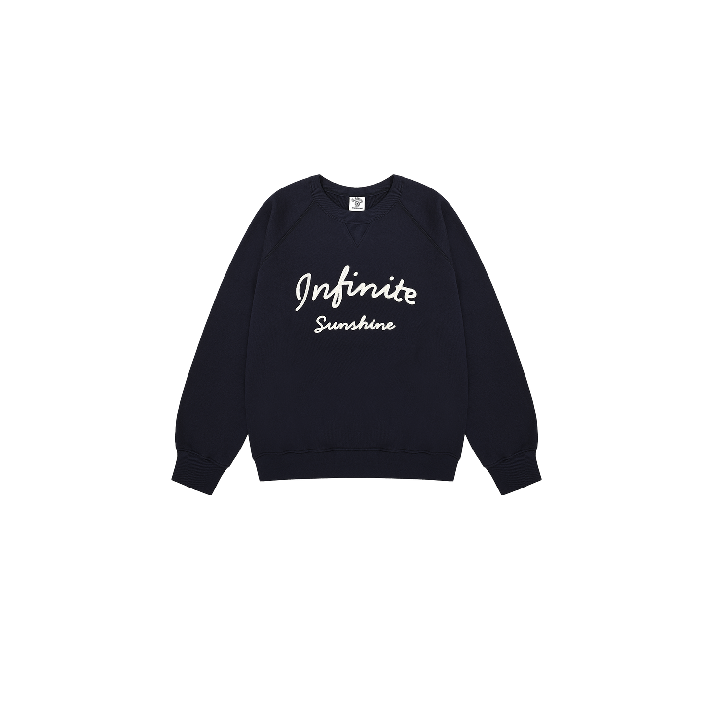 Kappy's Infinite Sunshine Sweatshirt is a unisex black crewneck with "Infinite Sunshine" embroidered in white on the front.