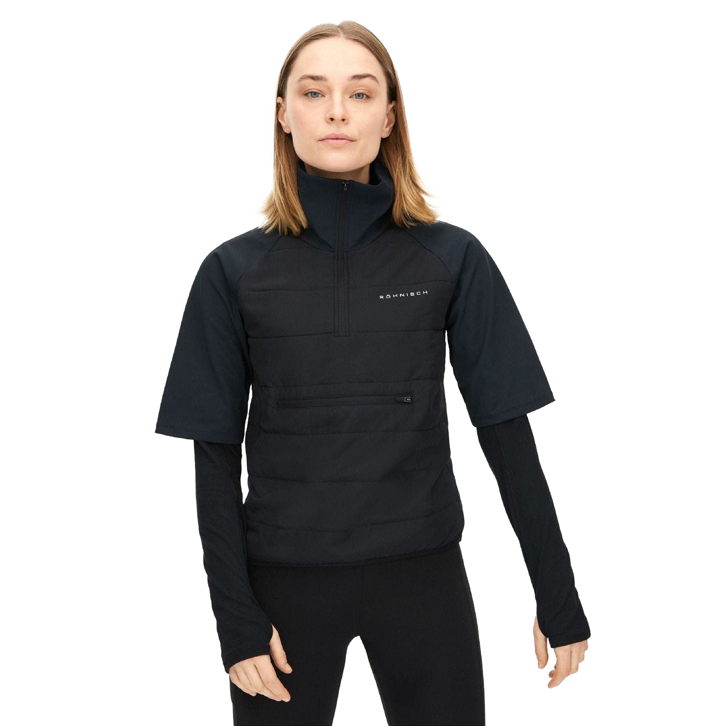 A person confidently wearing the Rohnisch Insulate Padded Tee, designed with short sleeves and a long underlayer in black, highlights its high collar. It is crafted from recycled fabrics and showcased against a plain background.