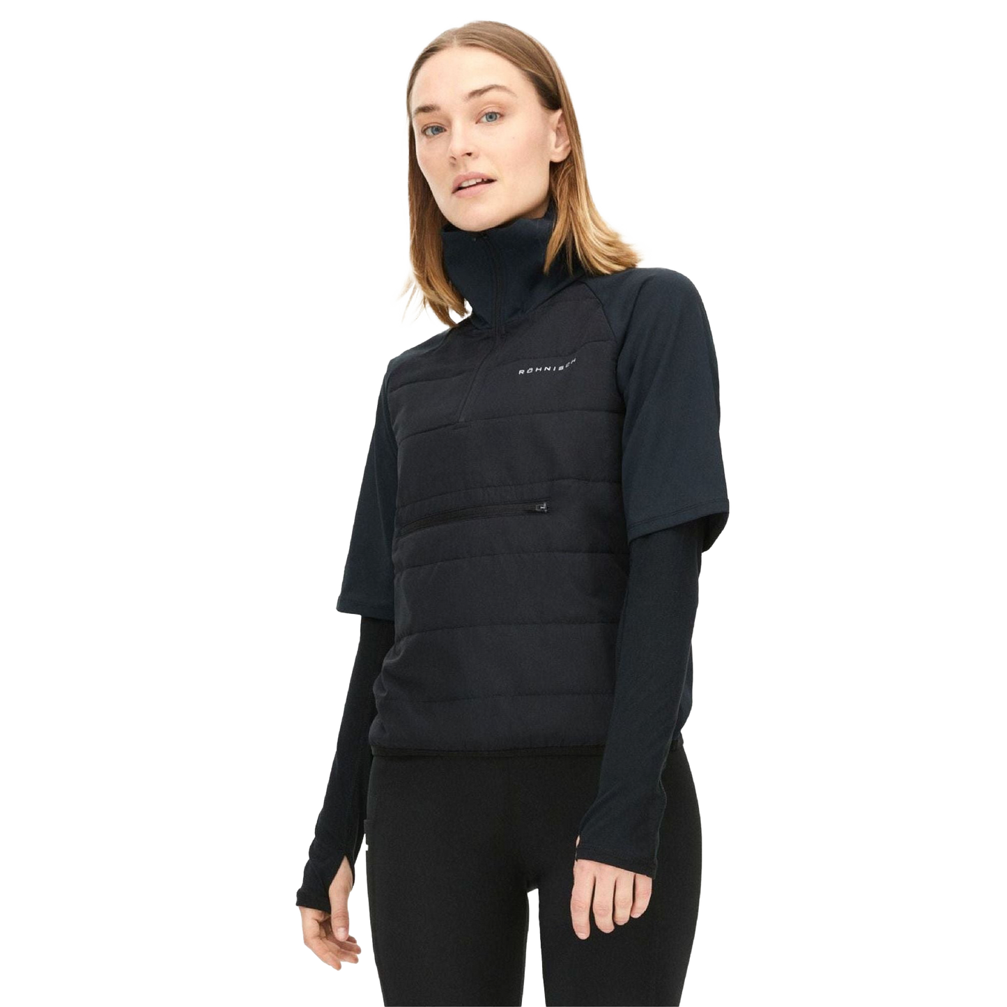 A woman models the Insulate Padded Tee by Rohnisch, featuring a high-collared black vest and long sleeves, against a white background, exuding style and elegance.