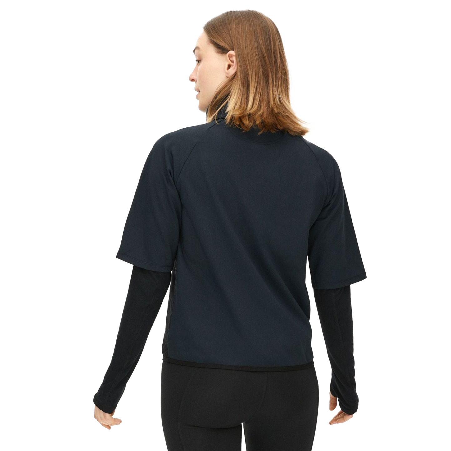 A person with shoulder-length hair, wearing a Rohnisch Insulate Padded Tee over a long-sleeve shirt made of recycled fabrics, is standing with their back to the camera.