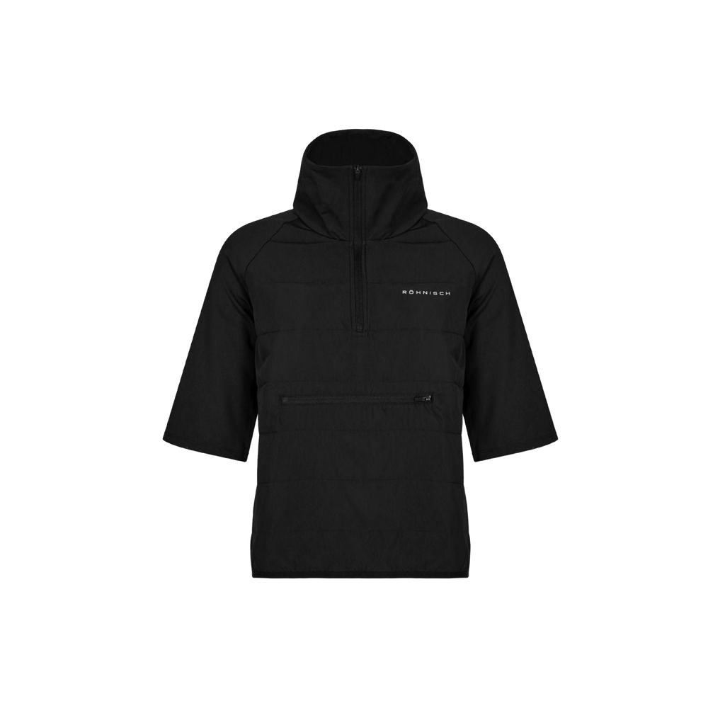 The Insulate Padded Tee, a black short-sleeved pullover jacket by Rohnisch, features a quarter zip, front zipper pocket, and is crafted from recycled fabrics. It includes a high collar and sports the brand logo on the chest.