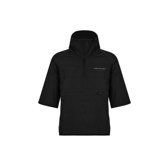 The Insulate Padded Tee, a black short-sleeved pullover jacket by Rohnisch, features a quarter zip, front zipper pocket, and is crafted from recycled fabrics. It includes a high collar and sports the brand logo on the chest.