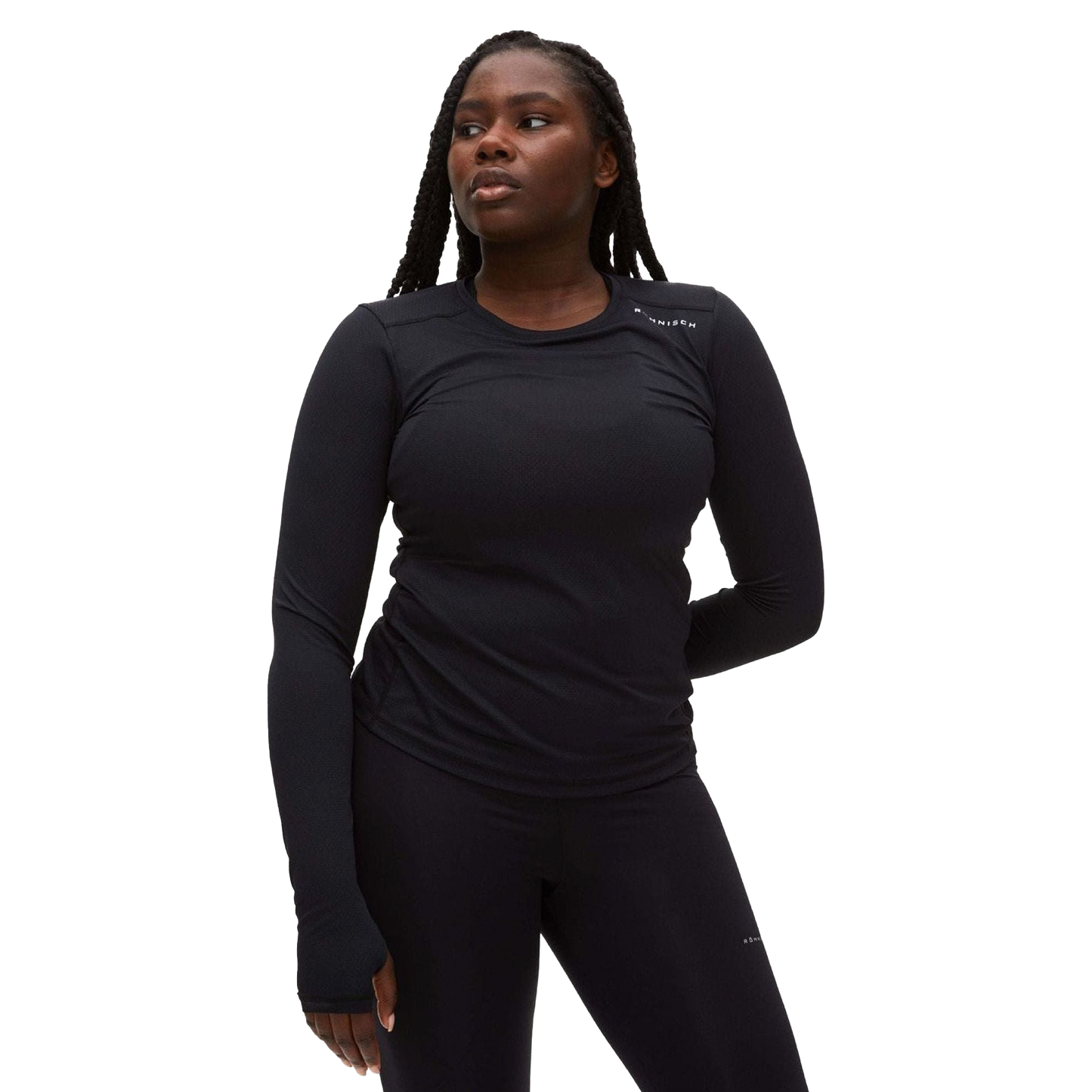 Dressed in a sleek Jacquard Long Sleeve outfit by Rohnisch, featuring expertly crafted moisture-wicking recycled polyester, a person stands against a plain background with one hand behind their back.